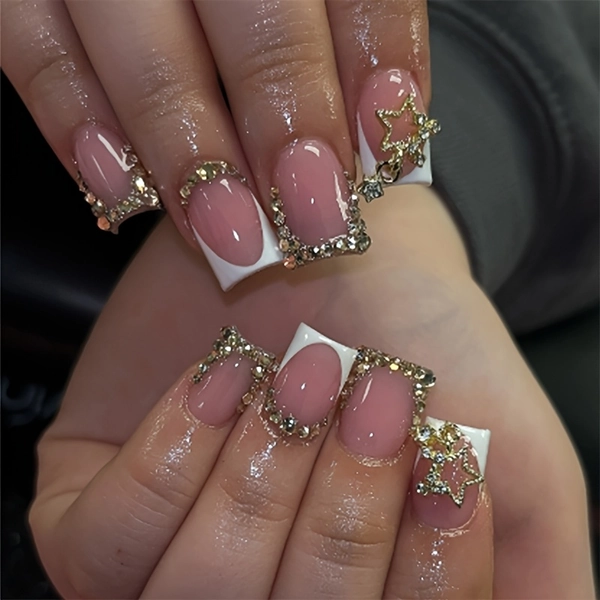 24pcs Medium Square Press On Nails French Tip Nails with Bowknot & Rhinestone Decor Glossy Full Cover Luxurious Style for Women And s Daily Wear Summer Nails Art Charms