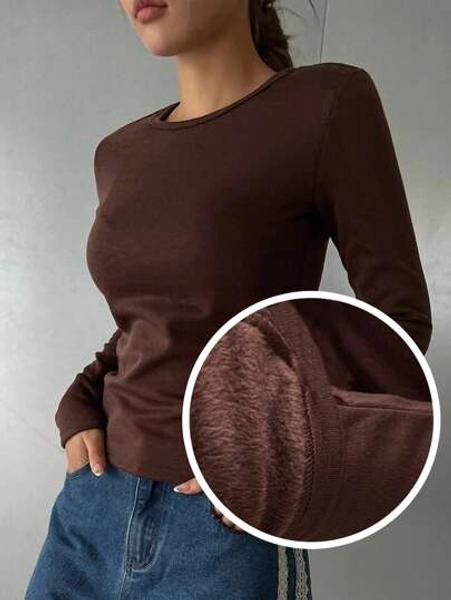 DAZY Women's Solid Color Round Neck Long Sleeve Fitted Casual Fleece T-Shirt, Thermal Lined Fall,Winter