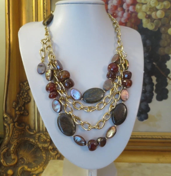 Stunning Vintage peacock cultured Pearl Jasper Agate 4 row Necklace (28)