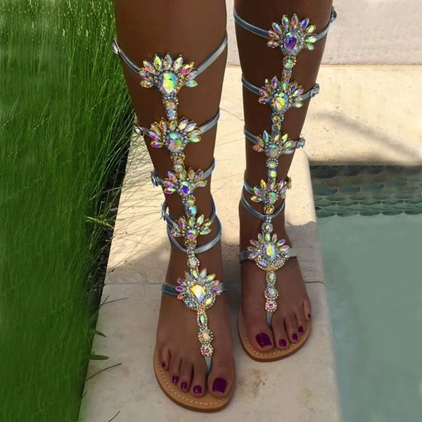 Sexy Woman Bohemia Sandal Boots Rhinestone Lady Knee High Boots flat thong rhinestone boots Crystal Dress Summer Shoes Sandal - AliExpress 322
