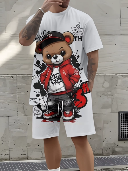 Men's new summer fashion teddy bear print soft and breathable round neck T-shirt shorts set outdoor casual wear - AliExpress 200000343