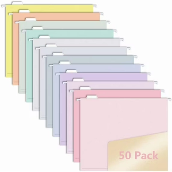 50pcs Hanging File Folders, Pastel Color Design,Letter Size with 1/5 Adjustable Cut Tabs, Assorted 12 Styles,Decorative,Drawer,Desk and Cabinet Use