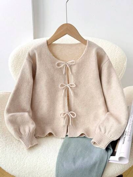 SHEIN Tween Girls' Loose Casual Minimalist Comfortable Round Neck Long Sleeve Bowknot Polka Dot Cardigan, Back To School Season Girls Autumn Winter Clothes Girls Spring Autumn Suit Shrug Cardigan Kids Sweaters For Girls Girls Cardigan Fall