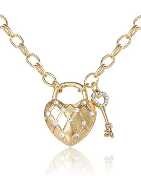 Juicy Couture Quilted Heart And Key Necklace for Women 18"+2", Gold-Tone with Clear Crystals
