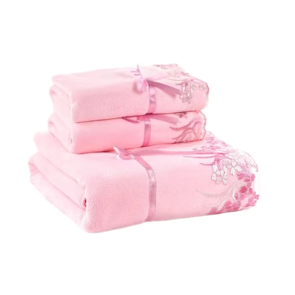 Large Bath Towels 3 Piece Set Cotton Soft Absorbent Embroidered Bath Towel with Lace Trim 35 in x 25 in