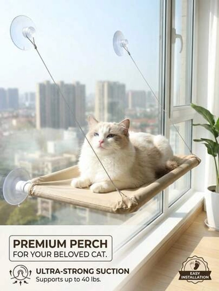 PETSIN 1-Piece Cat Hammock Suspended Cat Bed Window Pet Bed Suitable For Cats, Small Dogs, Sunlight Window Seat Installation Bracket With Blanket, Bearing 5kg Pet Accessories