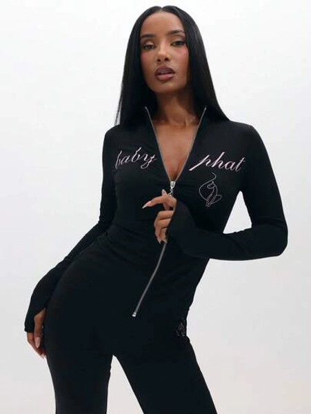 BABYPHAT Long Sleeve Zip Up Hoodie With Script Print And Logo Detail For Casual Everyday Wear