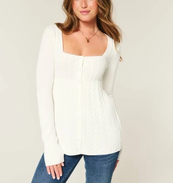 Women's Long-Sleeve Square-Neck Babydoll Sweater