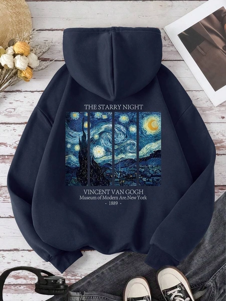 INAWLY Sudadera azul marino para mujer con estampado del Cielo Estrellado de Van Gogh, para otoño/invierno, top de manga larga, graduación, maestro, regreso a la escuela, sudadera de otoño, Navidad