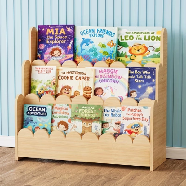 SpaceAid 3-Tier Scalloped Wooden Bookshelf – Montessori-Style Book Display for Kids’ Rooms, Playrooms & Classrooms, Natural Finish