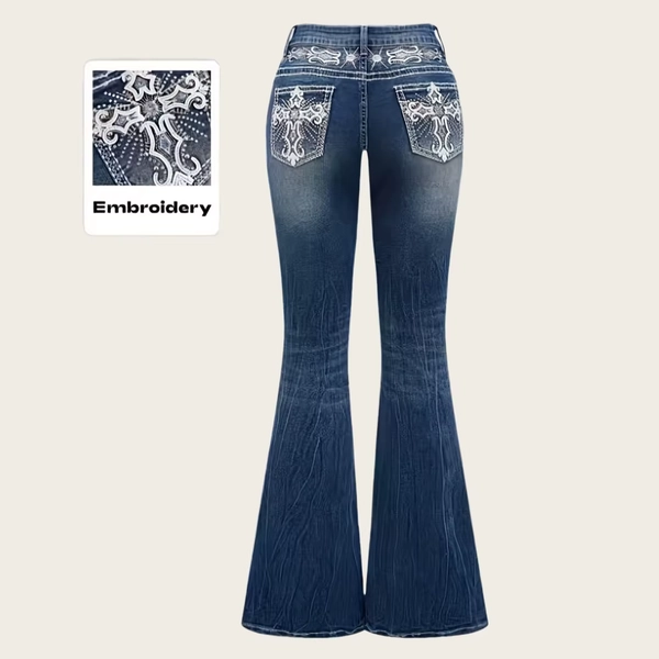 Jeans Flare Pants Women Vintage Boot Cut Embroidery Pockets Rhinestone Washed Female Distressed Denims Trousers Streetwear - AliExpress 200000345