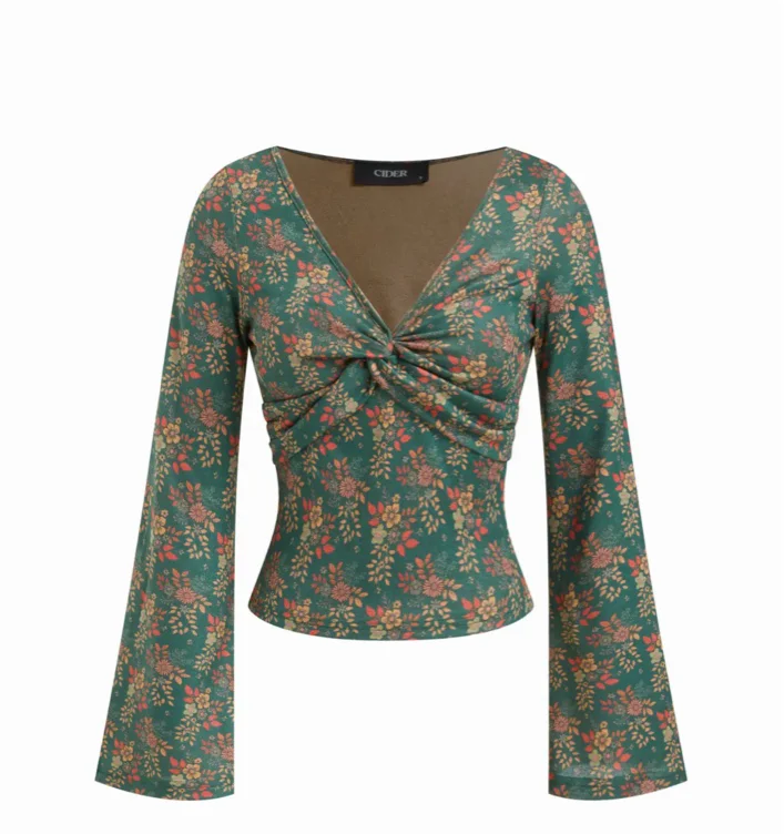 Jersey V-neck Floral Twist Long Sleeve Top For Vacation