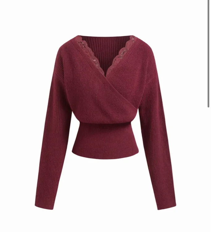 Knit V-neck Solid Lace Trim Wrap Long Sleeve Top