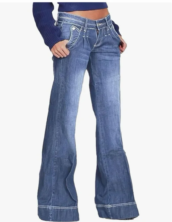 Flamingals Low Rise Straight Leg Wide Leg Baggy Jeans Women Stretch Boyfriend Butterfly Flare Denim Pants