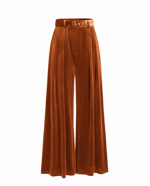 Velvet Velvet Mid Waist Pocket Wide Leg Trousers With Belt For Daily Casual Work