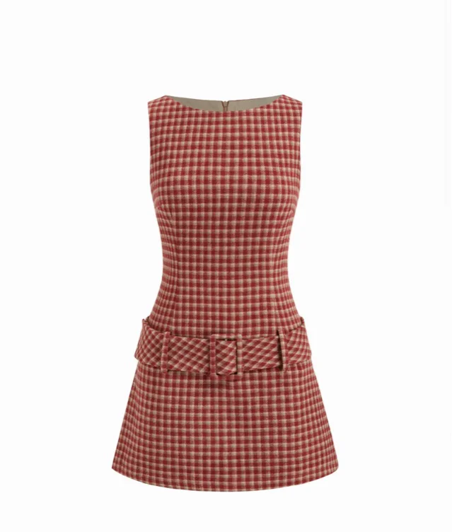 Woven Boat Neck Houndstooth Belted Mini Dress For Daily Casual Date