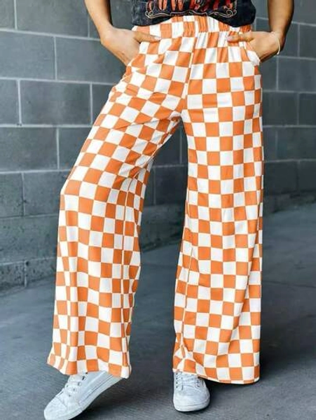 Plus Size Knitted Fabric Wide Leg Long Pants With Pockets And Checkerboard Print Slight Stretch Comfortable Fashion