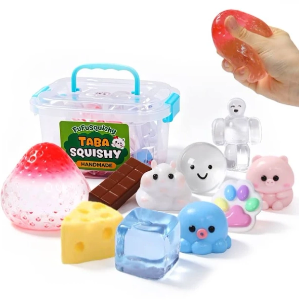 FUFUSQUISHY 10 Pack Strawberry Mix Taba Squishy Toys Kit with Toy Set Box & Cute Stickers, Handmade Kawaii Taba Squishies, Stress Relief Sensory