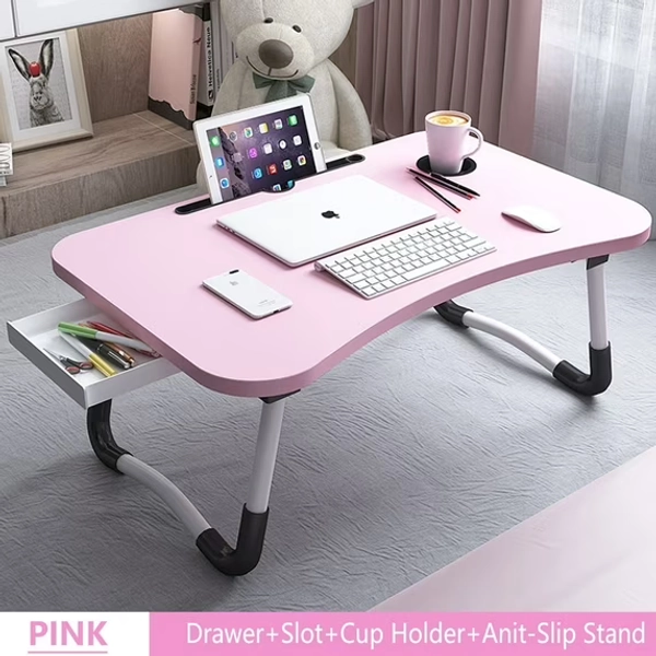 PHANCIR Foldable Lap Desk, 23.6 Inch Portable Wood Laptop Desk Table Workspace Organizer Bed Tray with iPad Slots, Cup Holder and Drawer, Anti-Slip for Working Reading Writing, Eating, Watching-Pink