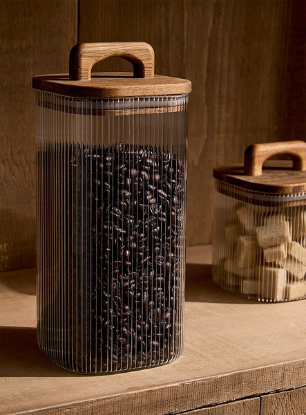 Grooved glass and wood large storage jar