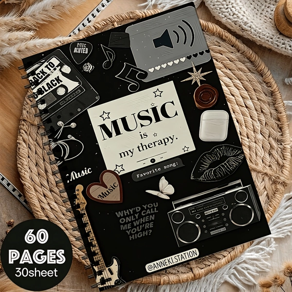 1 Spiral-Bound Notebook Featuring a Vintage Music Collage Art Theme; Contains 30 Sheets (60 Pages) of High-Quality, Lined Paper; Designed with The Quote "Music Is My Relaxation"; Suitable As a Gift for Birthdays, Christmas, New Year