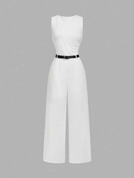 SHEIN MOD 1pc Women's White Pleated Wide Leg Loose Jumpsuit With Belt, Casual Style, ,