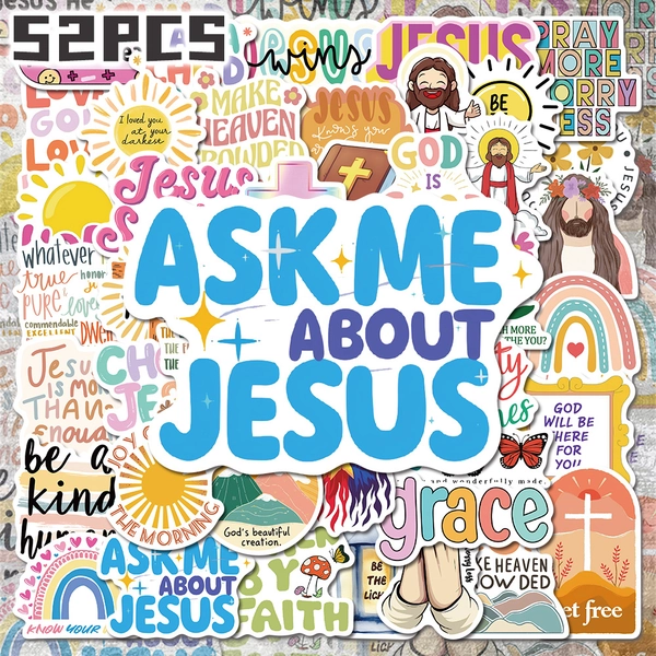 52pcs Jesus Bible Themed Stickers - Non-Repeating Delicate Decals with Inspirational Quotes, Religious Symbols & Cartoon Illustrations for Holiday Gifts, Back to School, Classroom Rewards, Birthday Presents, Skateboard, Luggage, Bike, Scooter, Water Bottle Decor, Inspirational Stickers, Spiritual Accessories, Vibrant Colors, Highquality Prints