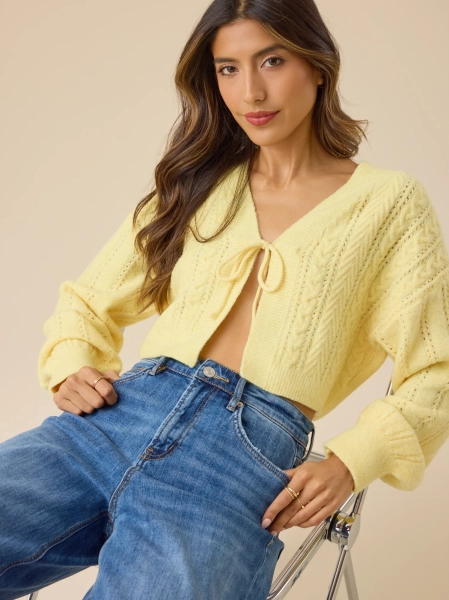 Quinn Cable Tie Front Cardigan in Yellow | Altar'd State