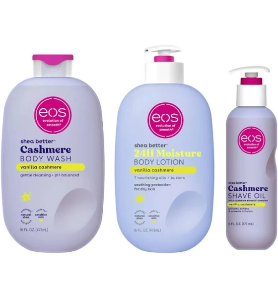 eos Shower Essentials Bundle- Body Lotion, Body Wash, Shave Oil - Vanilla Cashmere