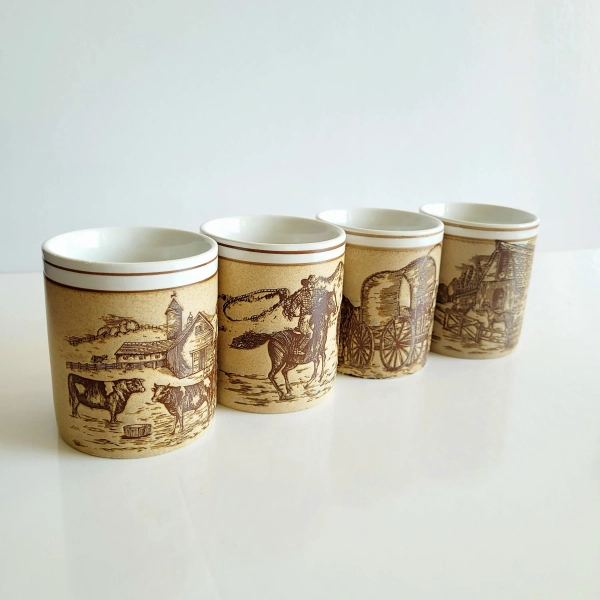 Vintage Farm Scene Stoneware Coffee Mugs, Rustic Homestead Decor, Set of 4