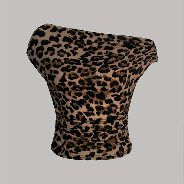 Women'S Y2K Leopard Print Slim Fit T-Shirt with Asymmetrical Neckline & Ruched Detail - Stretchy Polyester Blend, Casual Round Neck Tee for All Seasons, Versatile Clothing | Asymmetrical Neckline Top | Glossy Texture