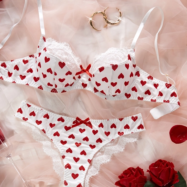 Women'S Bra Set with Heart Print and Lace Trim, Comfortable and Close-Fitting Everyday Underwear, Valentine'S Day Special Collection, Elegant Style, Contrast Lace Detail, Everyday Underwear|Elegant Bra Set|Comfortable Fit