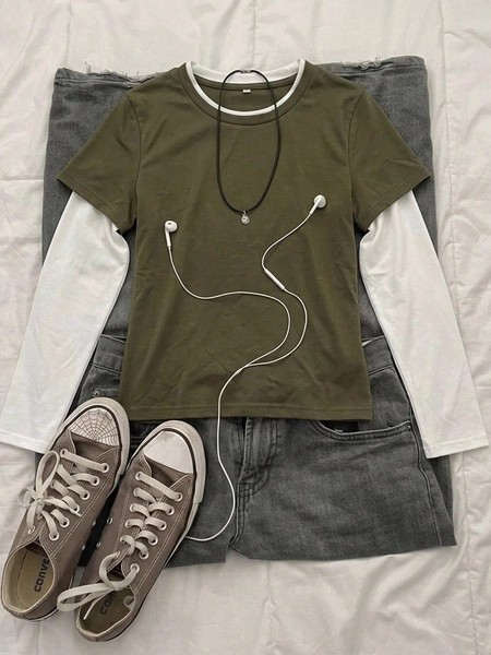Attitoon Women's Contrast Color 2 In 1 Long Sleeve Casual Minimalist Design T-Shirt