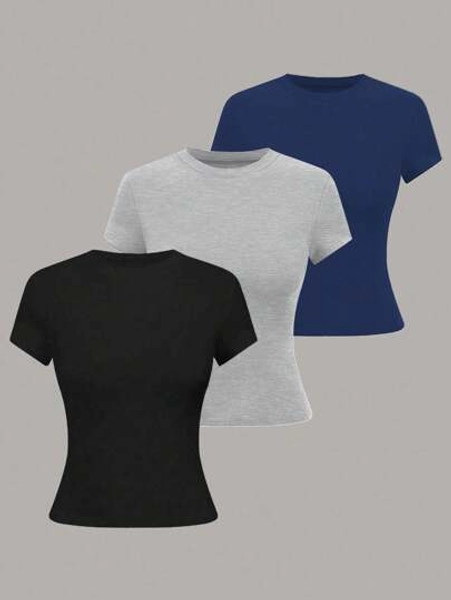SHEIN LUNE Women Plain Round Neck Short Sleeve Casual T-Shirt For Summer
