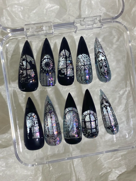 Black Stained Glass Window Glittery Press on Nails, Sparkling Cat Eye, Retro Shadow Hand Painted Nail, Gift for Her, MO632 - Etsy
