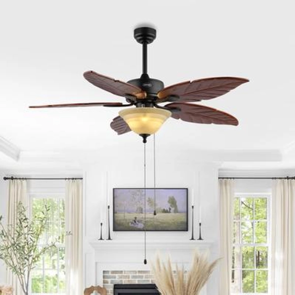 JONATHAN Y Poinciana Coastal Iron/Wood Palm Leaf 52-in Black with Dark Brown Blades Ceiling Fan With Light 5 -Blade | JYL9720B