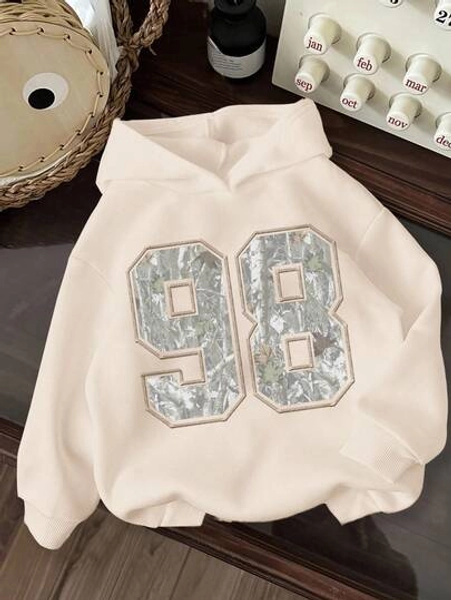Tween Girl Casual Hooded Thick Sweatshirt With 80 Numeral, Camouflage & Withered Leaf Print, Collegiate Vibe, Citywalk, Street Style, Suitable For Autumn/Winter Hoodies Y2k Cotton Teen Size Hoodie Hoodie 98 Y2k Style Hoodie Oversized Hoodie