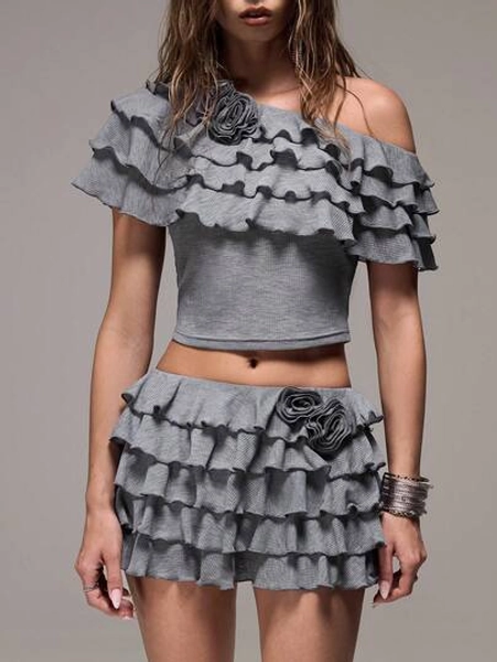 Sweetness Plain Women's 2 Pieces Layered Ruffle 3D Floral Knit Vacation Relaxed Niche Set - Size L