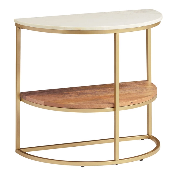 White Marble Piper Half Circle Marble Top Wood and Metal Side Table