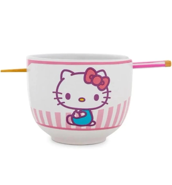 Sanrio Hello Kitty Tokyo Pink Stripes Ramen Bowl with Chopsticks
