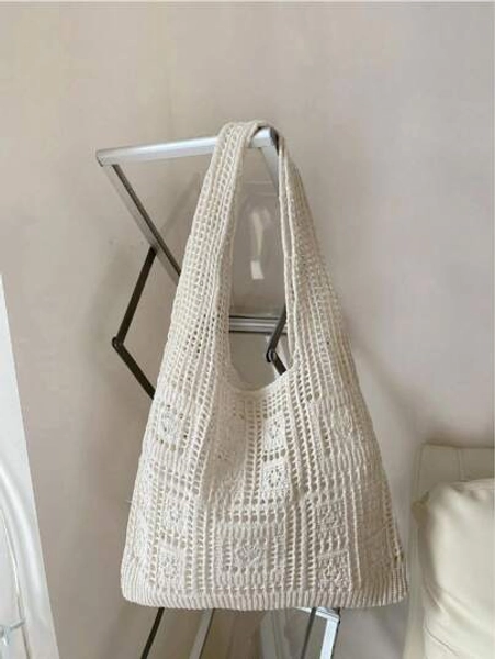 Minimalist Crochet Bag Hollow Out Design Vacation, School Bag, Large Capacity, Portable, For Teen Girls Women College Students, White-Collar Workers, Perfect For Work, Back To School, Middle School, High School Travel, Outings, Perfect For Back To School, College, Middle School, High School, Vacation Essentials, Perfectly Matching With Beach Accessories Women, Hottest Beach Bags For Women, Beach Necessities, Beach Essentials,Beach Stuff & Summer Essentials, Perfect For Summer, Vacation & Beach, Newest Holiday Bag