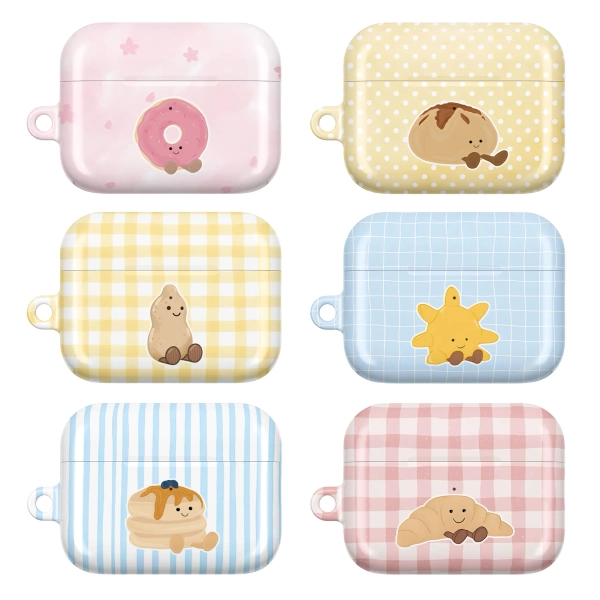 Cute Bakery AirPods Case – Pastel Gingham Dessert AirPod Cover for AirPods 4 3 2 1 & AirPods Pro 3 2 1 | Kawaii Breakfast & Pastry Cartoon Characters – Donut Pancake Croissant Snack Food Checkered Aesthetic, Foodie Gift for Her Women Girls