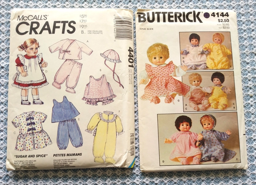 Lot 2 1980s UNCUT patterns BABY DOLL CLOTHES 3 sizes, wardrobe bunting dress ++
