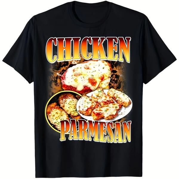 Chicken Parmesan with Cheese And Sauce On Plate And Pan Black Tee Simple Printed T Shirt Crew Neck Short Sleeve Loose & Non-Constricting A Year-Round Wear Option Mens Tee T0124499