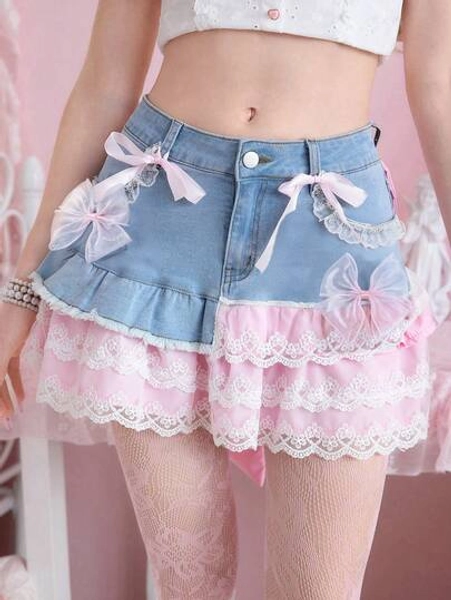 ROMWE Kawaii Spring/Summer Cute Sweet Cake Hem Women Denim Mini Skirt - Size S