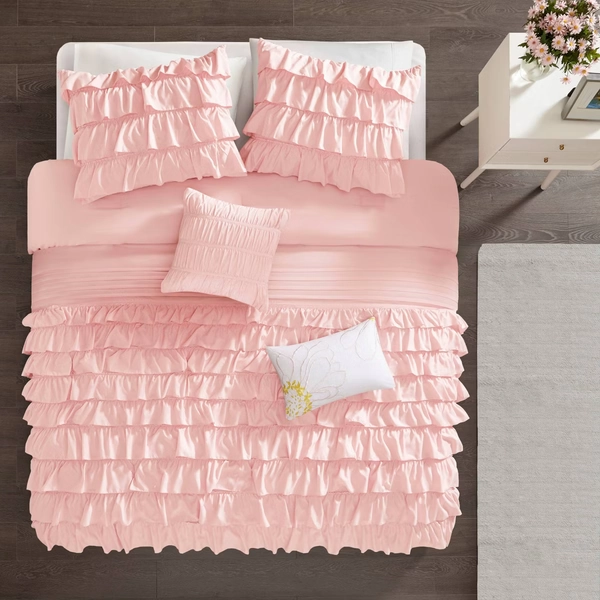 4pc Twin/Twin XL Marley Ruffle Comforter Set Blush - Intelligent Design: Microfiber, Includes Decorative Pillows