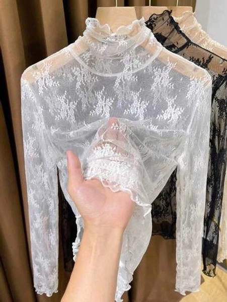 Thin High Neck Lace Camisole For Women, Frill Trim Mesh Undershirt, Spring/Autumn 2024 New Arrival White Casual