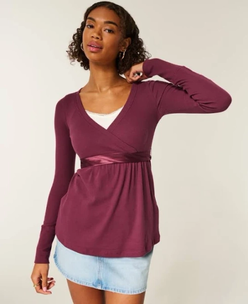 Hollister Women's Easy Long-Sleeve Wrap-Front Babydoll Top