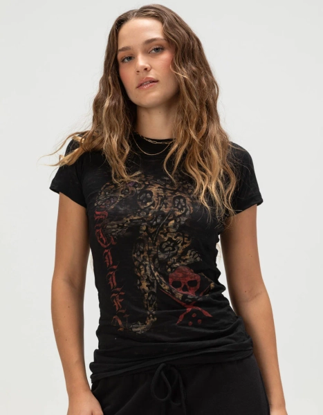 SULLEN Skull Leopard Womens Baby Tee - BLACK