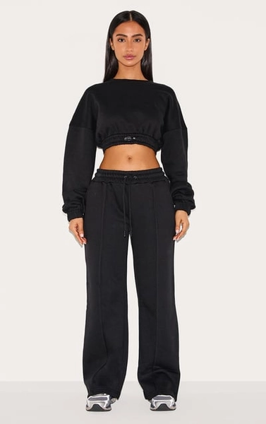 PrettyLittleThing Petite Black Wide Leg Seam Detailed Sweatpants